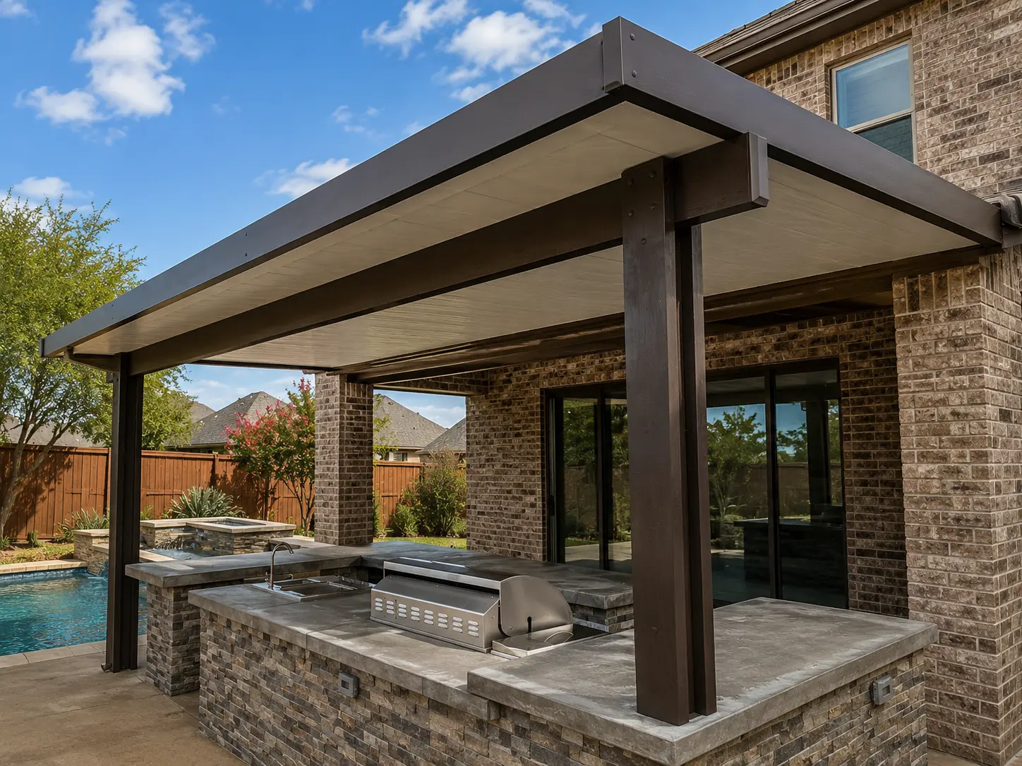 Attached insulated aluminum patio cover over a brick home's outdoor kitchen and pool