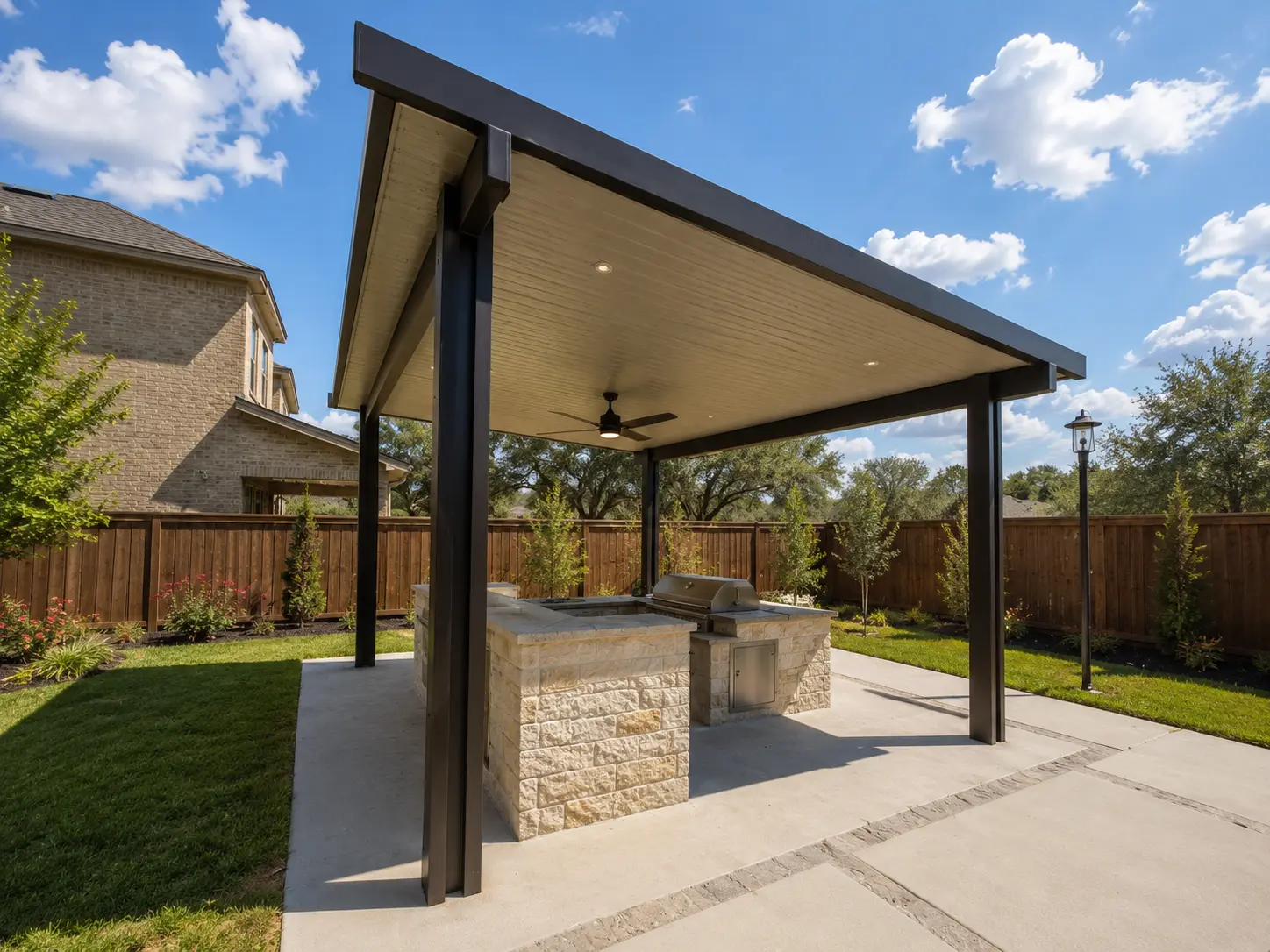 Non-insulated flat pan aluminum patio cover in Siennawood