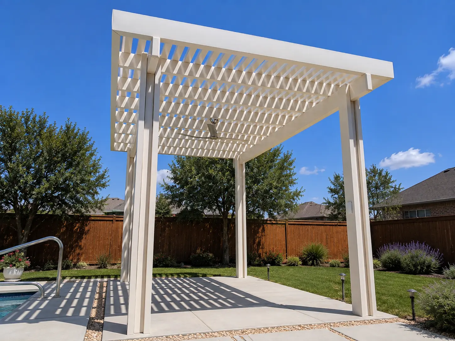 Aluminum lattice pergola for poolside shade